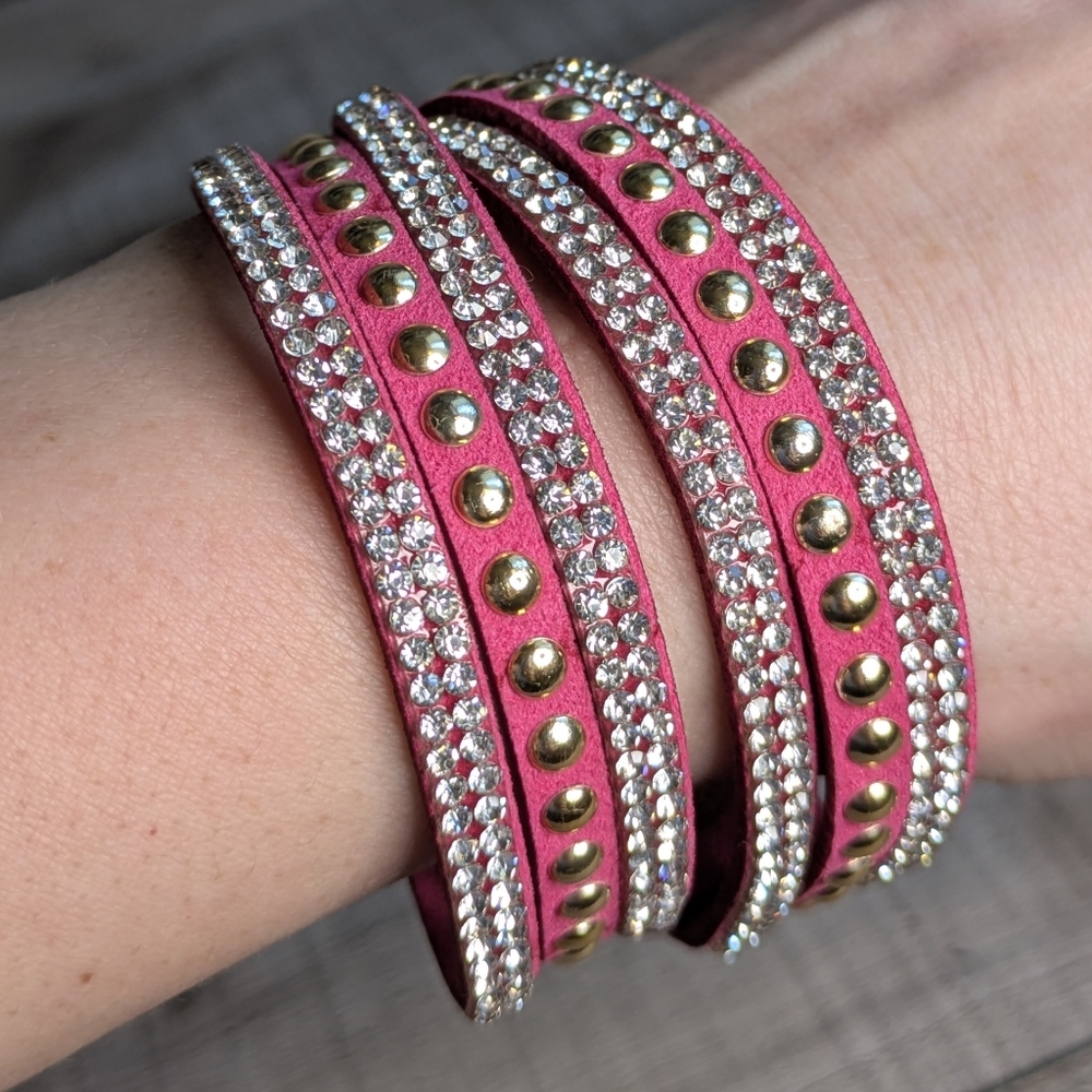 B01 Pink and Gold Studded Wrap Bracelet Rhinestone Double Adjustable S-M-L NEW